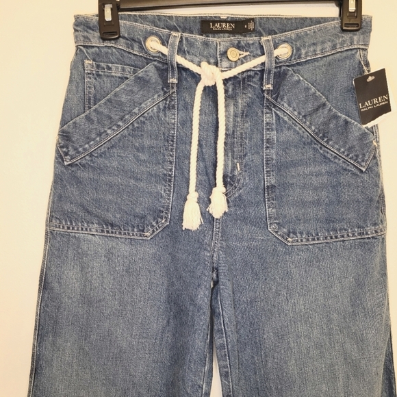 NWT Lauren Ralph Lauren Highrise Wideleg Blue Baggie Jeans Rope Drawstring Sz 6 - Picture 5 of 13